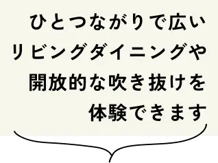 ひとつながりで広いリビングダイニングや開放的な吹き抜けを体験できます